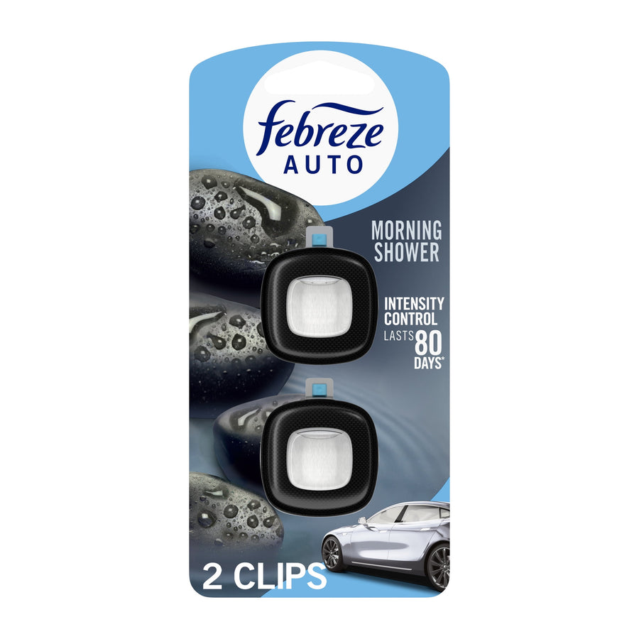 Febreze AUTO Morning Shower car vent clip package showing two black clips on peg card