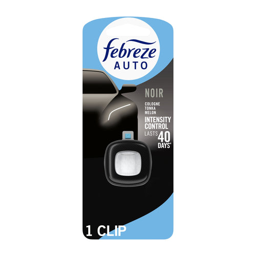 Febreze Auto Noir vent-clip air freshener displayed on black and blue retail backing with product visible