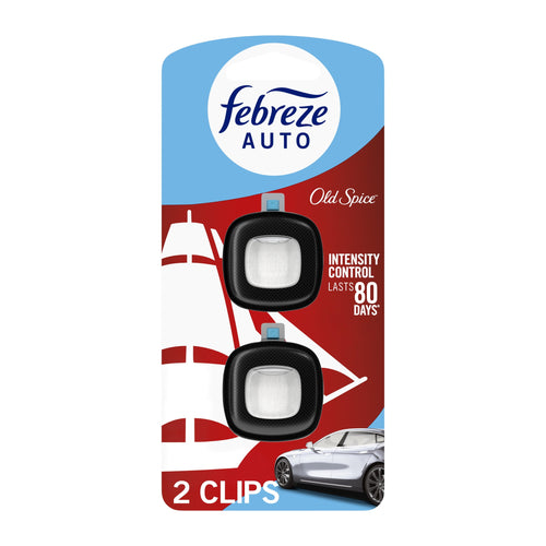 Febreze Auto Old Spice dual-pack air freshener blister card showing two black vent-clip units
