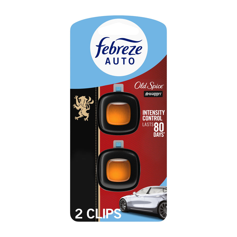 Febreze AUTO Old Spice Swagger dual pack blister card showing two black clip air fresheners with orange liquid inserts