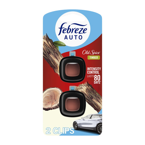 Product card showing Febreze AUTO Old Spice Timber twin clip air fresheners with wood imagery and a car illustration.