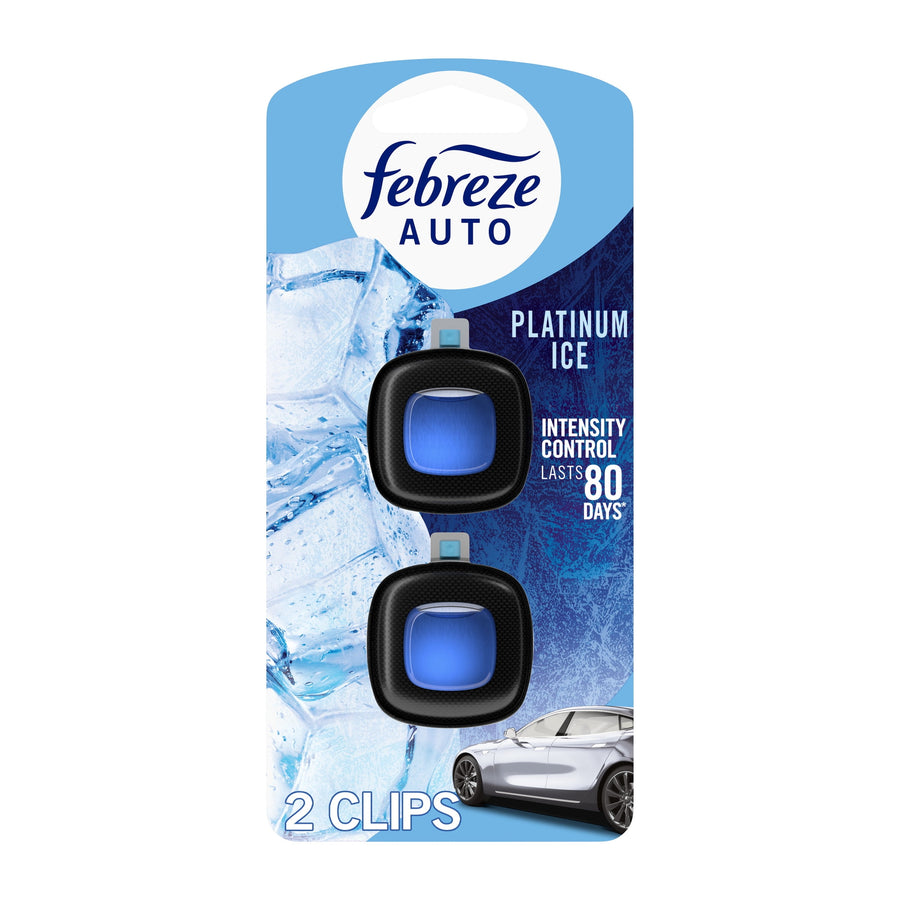 Febreze Auto Platinum Ice dual vent-clip package showing two black clips with blue gel centers and ice background