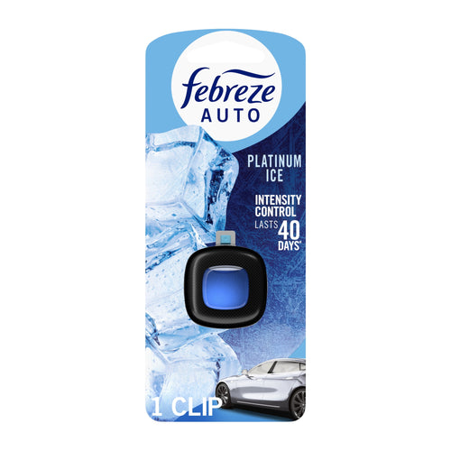 Febreze AUTO Platinum Ice car vent-clip air freshener in retail blister pack with ice graphics.
