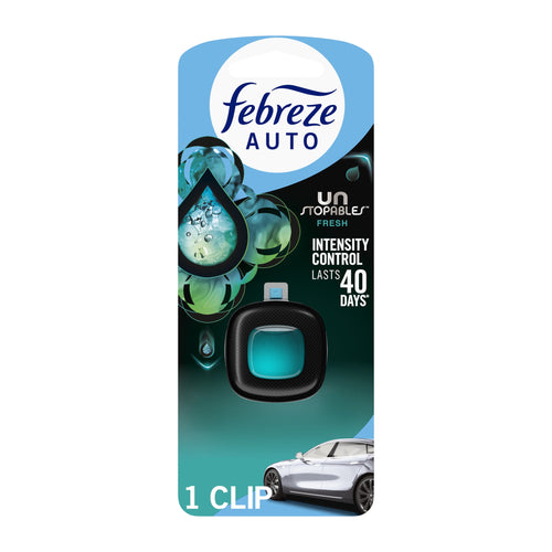 Single Febreze AUTO Unstopables Fresh car vent clip package with teal fragrance gel visible