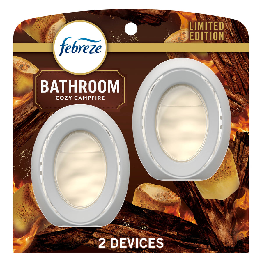 Febreze Bathroom Cozy Campfire scent twin-pack blister card showing two oval white air freshener devices