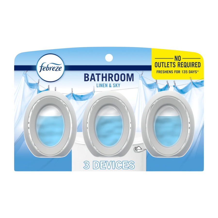 Packaged Febreze Bathroom linen & sky devices trio shown on retail blister card with three oval white devices and blue scent pads.