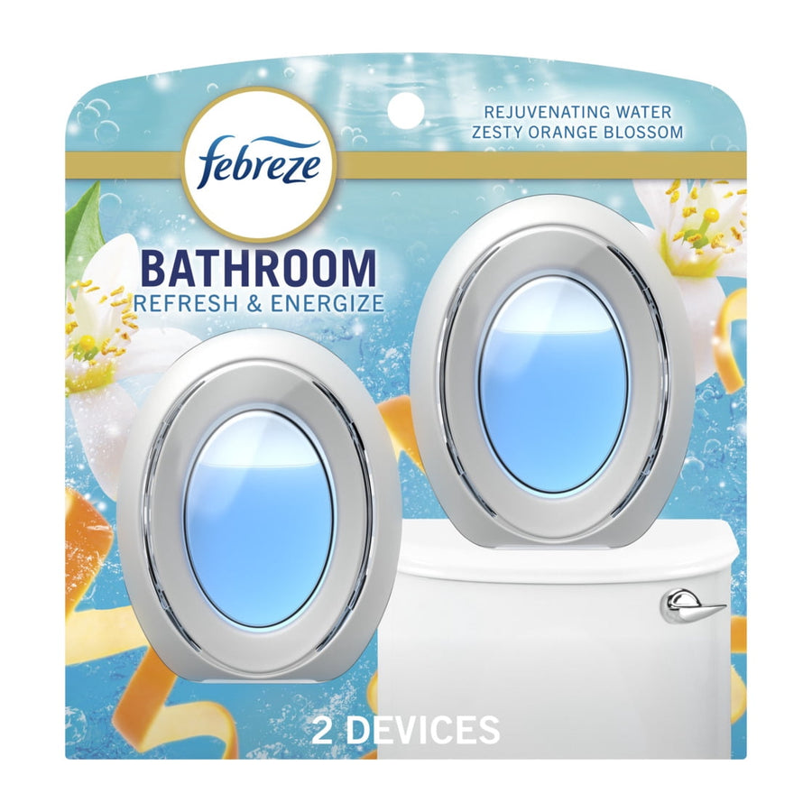 Febreze Bathroom oval blue refill devices in retail blister pack with floral background