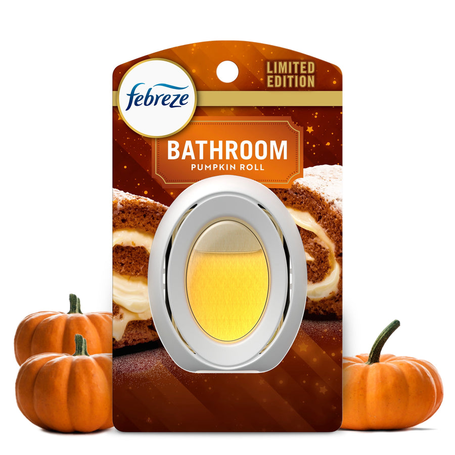 Febreze Bathroom Pumpkin Roll hanging air freshener blister card with yellow refill and pumpkin imagery