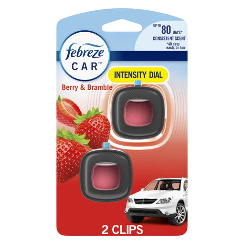 Febreze Car Berry & Bramble vent-clip packaging showing two pink vent clips, strawberries and a car on red background