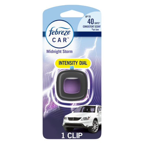 Febreze Car Midnight Storm vent-clip air freshener in retail blister pack with purple scent pod