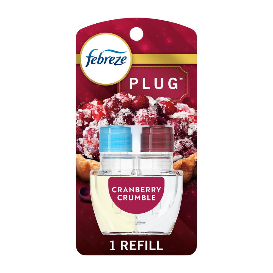 Febreze Plug fragrance refill blister pack labeled Cranberry Crumbe with dual-oil refill visible