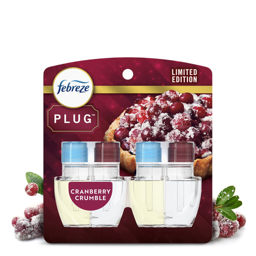 Febreze Plug refill twin pack with cranberry crumble packaging and sugared cranberries