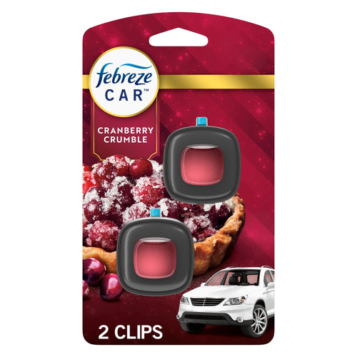 Febreze Car cranberry crumble air freshener twin-pack on branded red packaging with cranberry tart image
