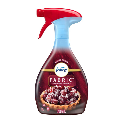Bottle of Febreze Fabric Cranberry Crumble spray with red trigger and cranberry pie image on label