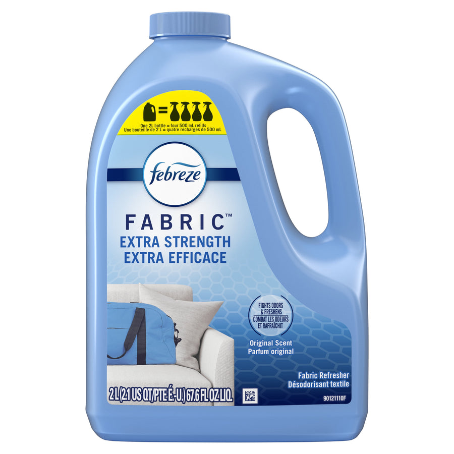 Large blue jug of Febreze Fabric Extra Strength refill with handle and product label visible