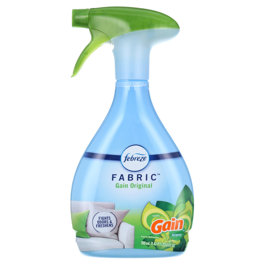 Single Febreze Fabric spray bottle in light blue with green trigger and Gain branding on the label