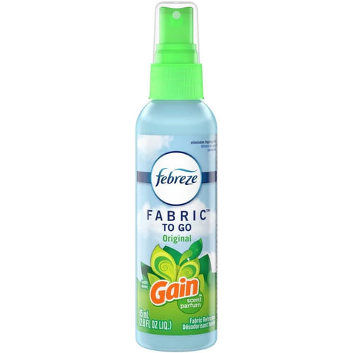 Single Febreze Fabric To Go spray bottle with green cap and Gain logo on the label against a white background.