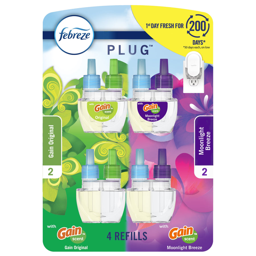 Febreze Plug fragrance refill blister card showing four Gain-scented refill bottles with colorful packaging art