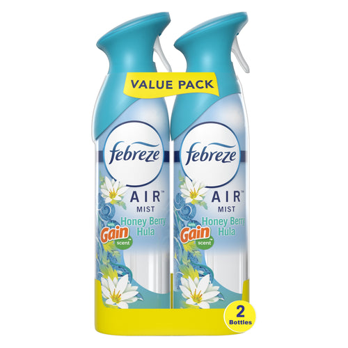 Two Febreze Air Mist spray bottles in a yellow value-pack carrier labeled Honey Berry Hula with Gain scent.