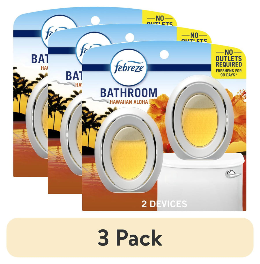 Three overlapping Febreze Bathroom Hawaiian Aloha packaged air freshener devices shown on a white background with a toilet graphic.