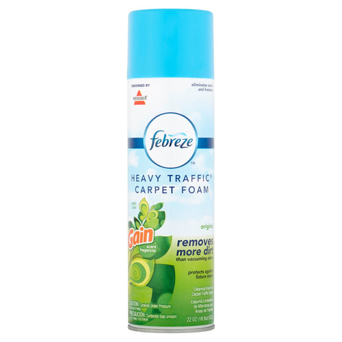Tall Febreze Heavy Traffic Carpet Foam aerosol can with blue cap and Gain branding on a white background.