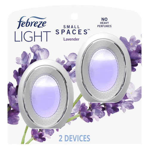 Febreze Light Small Spaces lavender twin-pack blister card with two oval plug-in style devices and lavender sprigs