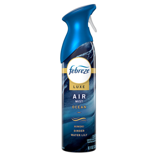 Single Febreze Luxe Air Mist can in ocean scent with dark blue label and blue trigger spray, 8.1 oz product photo.
