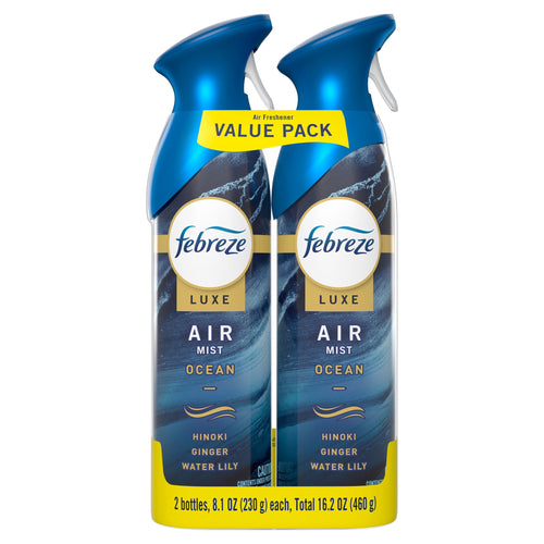 Two Febreze Luxe Air Mist Ocean spray bottles in a value-pack carrier labeled with Hinoki, Ginger and Water Lily notes.
