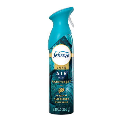 Tall teal Febreze Luxe Air Mist Rainforest spray bottle with textured label and teal trigger cap on white background.