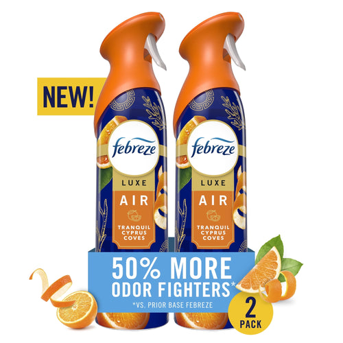 Two Febreze Luxe Air sprays in Tranquil Cyprus Coves scent with promotional 50% more odor fighters and 2-pack badge