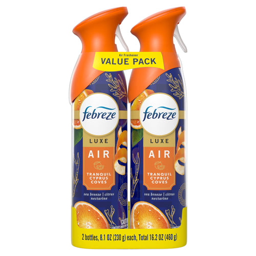 Two Febreze LUXE AIR 'Tranquil Cyprus Coves' spray bottles in a yellow 'Value Pack' sleeve with orange caps