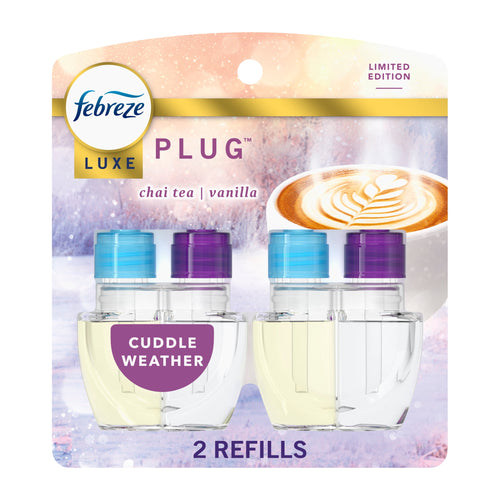 Febreze Luxe Plug refill twin pack labeled “Cuddle Weather” with two clear oil refills in retail blister card.