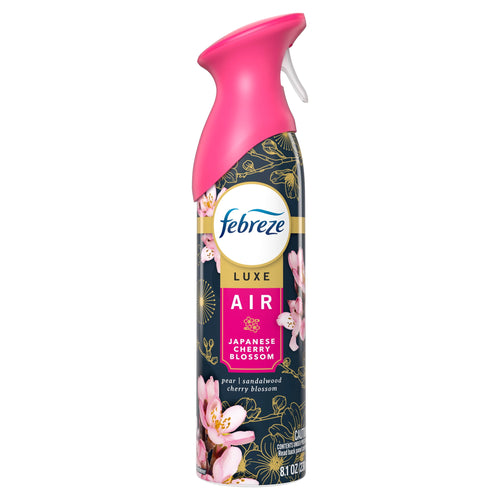 Febreze Luxe Air aerosol can in Japanese Cherry Blossom scent with pink cap and floral label on white background