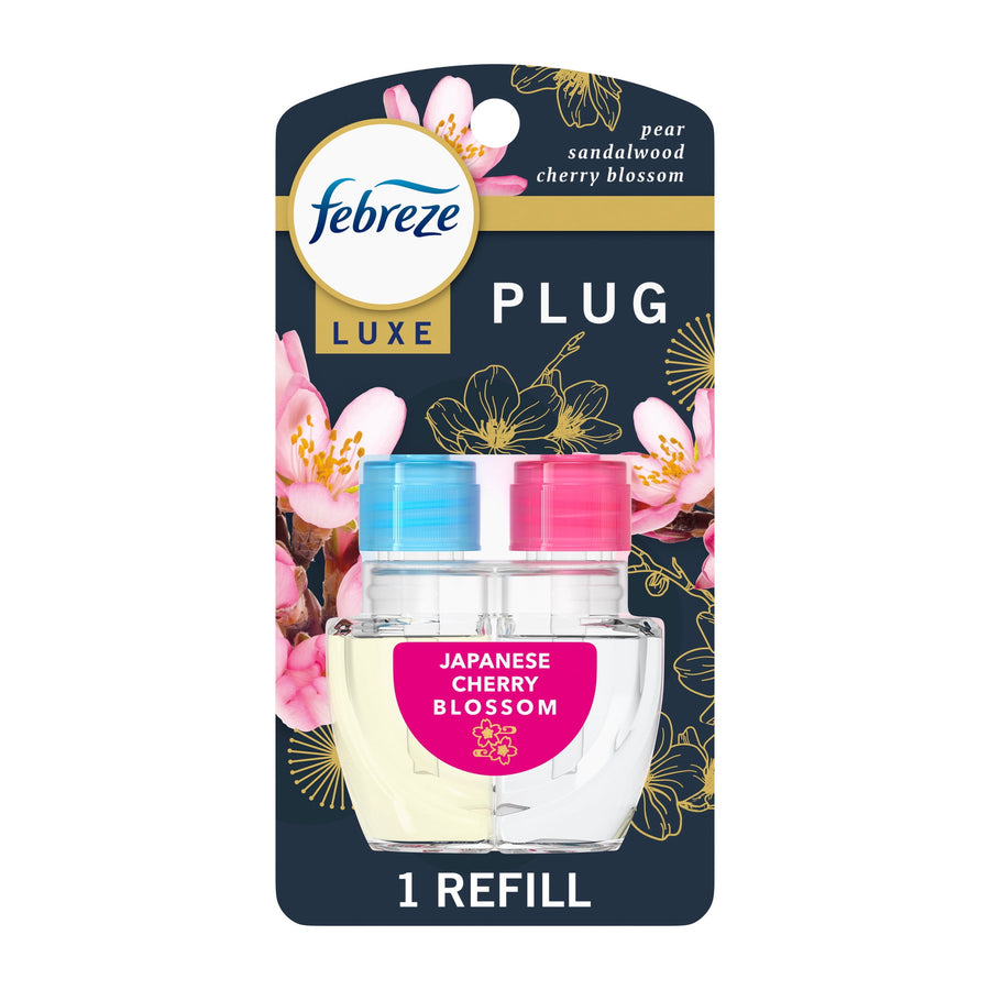 Febreze Luxe plug refill pack showing two scented oil bottles and cherry blossom art
