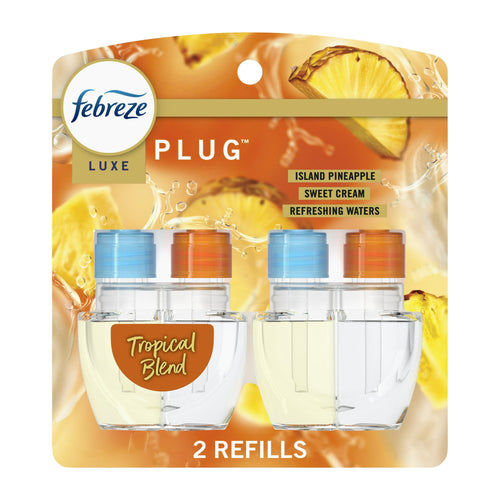 Febreze Luxe plug-in twin refill pack with Tropical Blend label and pineapple art