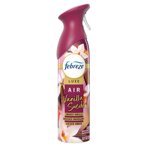 Febreze Luxe Air spray can labeled 'Vanilla Suede' with floral design and maroon spray actuator, white background