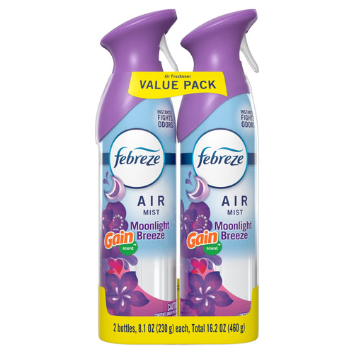 Two purple-capped Febreze Air Mist aerosol cans packaged as a value pack labeled Moonlight Breeze with Gain scent badge