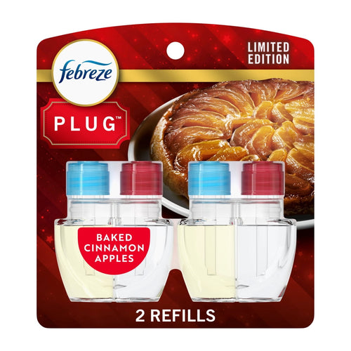 Retail blister pack showing two Febreze Plug oil refill bottles labeled Baked Cinnamon Apples with pastry image