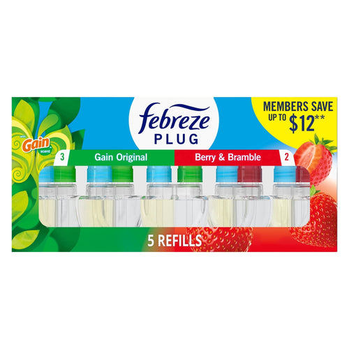 Front packaging of Febreze Plug multi-refill pack showing five refill bottles and Gain and Berry & Bramble labels