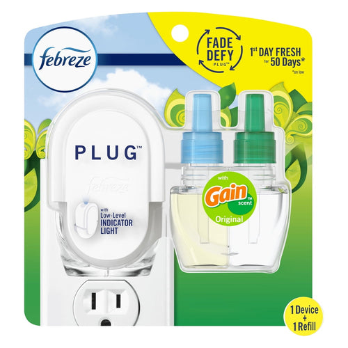 Febreze Plug scented oil warmer and two Gain Original refill bottles displayed in blister pack packaging
