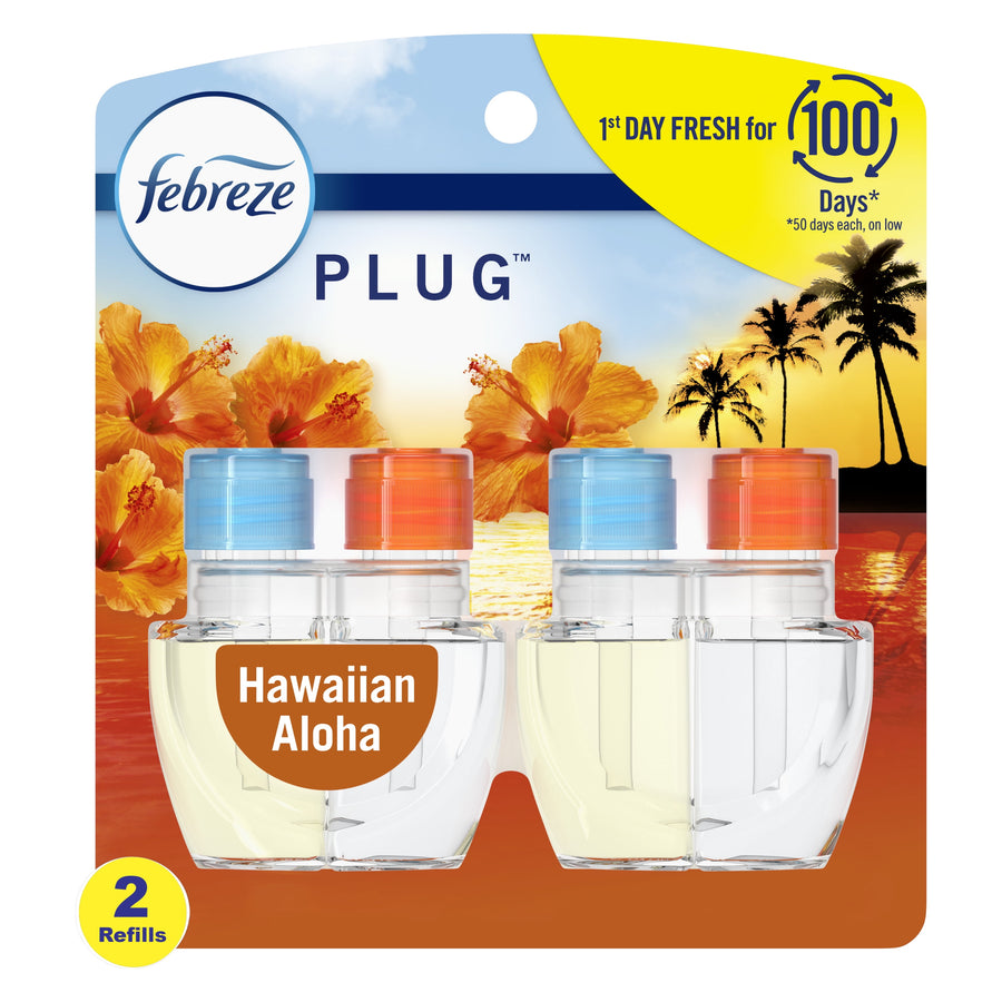 Packaged Febreze Plug scented oil refill duo in Hawaiian Aloha packaging with floral sunset artwork
