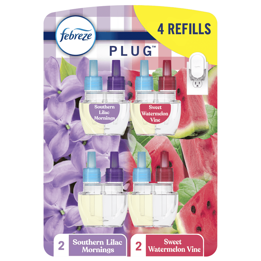 Febreze Plug air freshener refill blister pack showing four clear refill bottles with lilac and watermelon artwork
