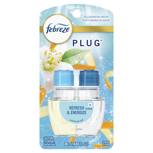 Febreze Plug scented oil refill blister pack showing two clear oil cartridges and 'Refresh & Energize' label