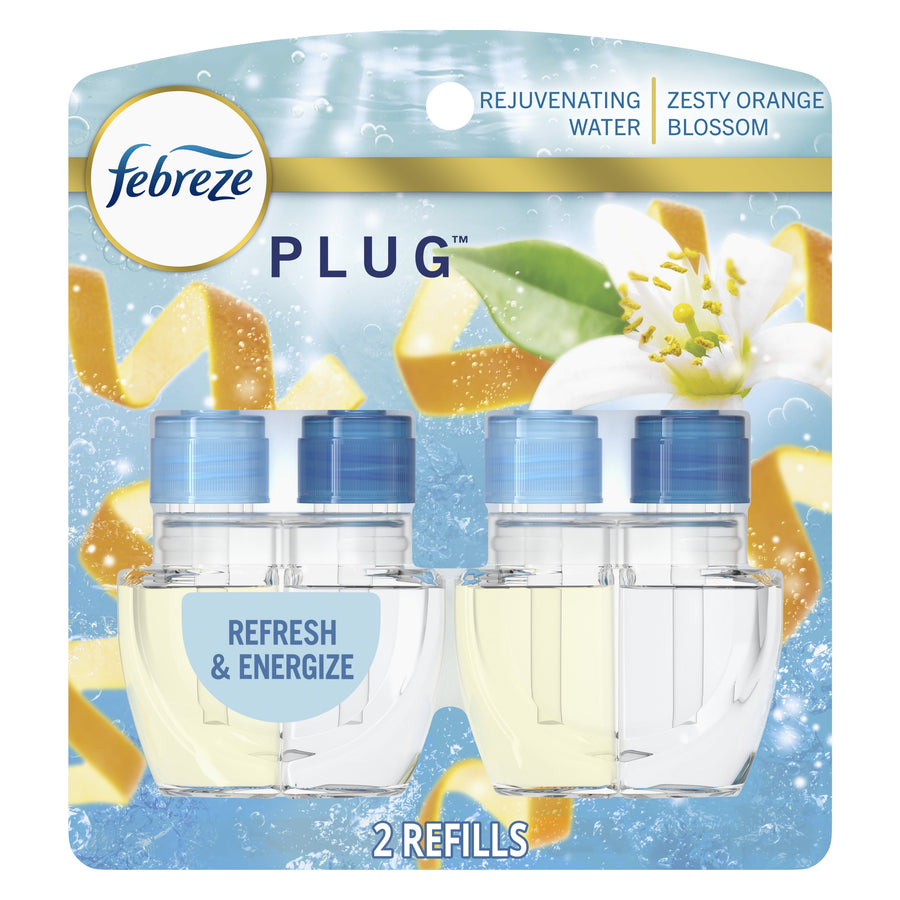 Retail blister pack showing two Febreze Plug refill bottles with blue caps and refreshing water artwork