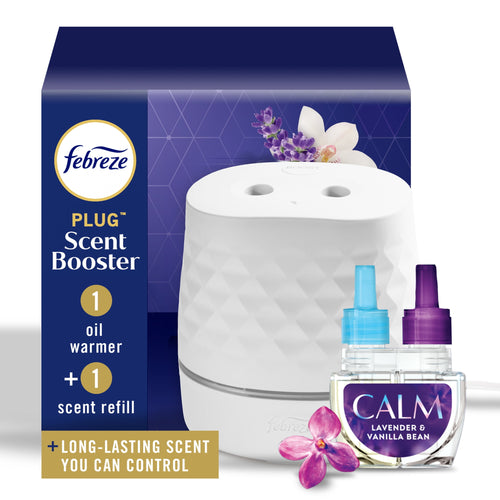 Febreze Plug Scent Booster starter kit packaging showing the white textured diffuser and Calm lavender vanilla refill bottle.