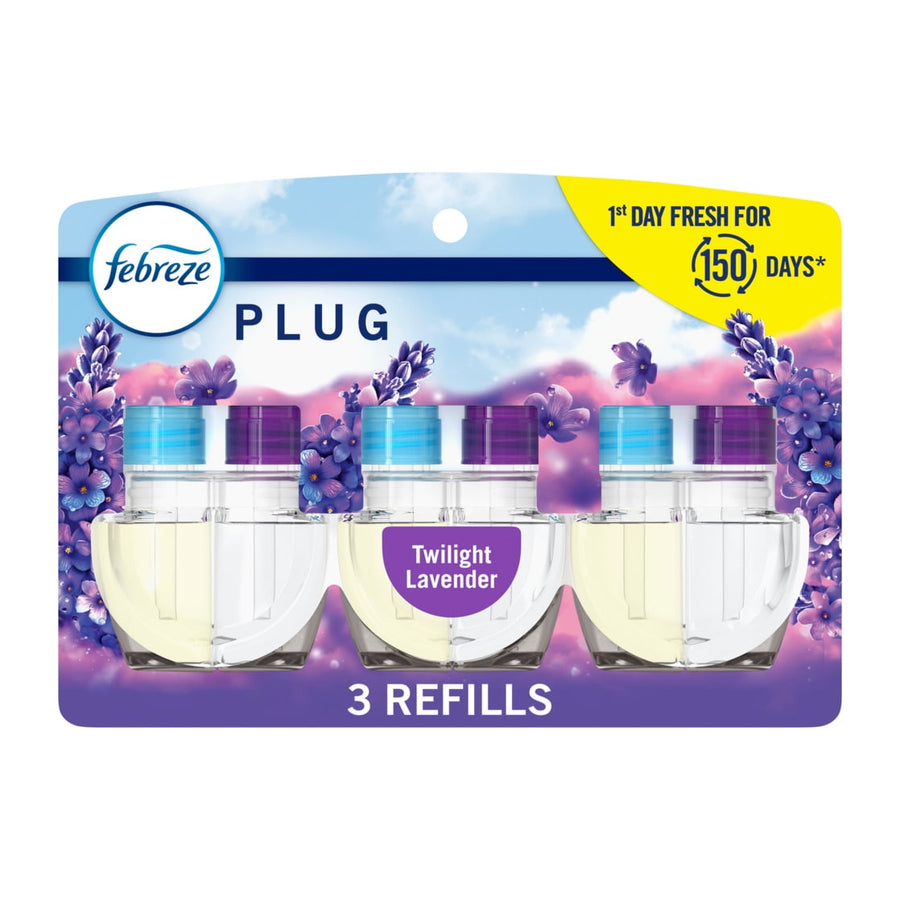 Packaged Febreze Plug refill pack showing three clear refill bottles with lavender accents and twilight lavender label