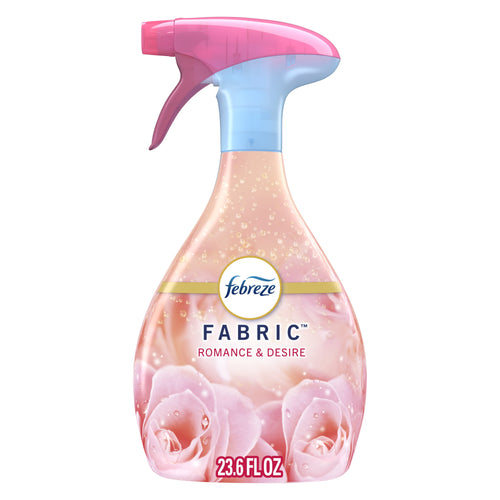 Febreze Fabric Romance & Desire spray bottle with pink roses on label against a white background.