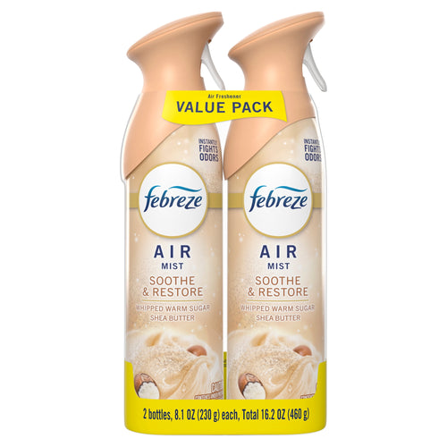 Two Febreze Air Mist Soothe & Restore aerosol bottles in a value pack, labeled Whipped Warm Sugar Shea Butter.