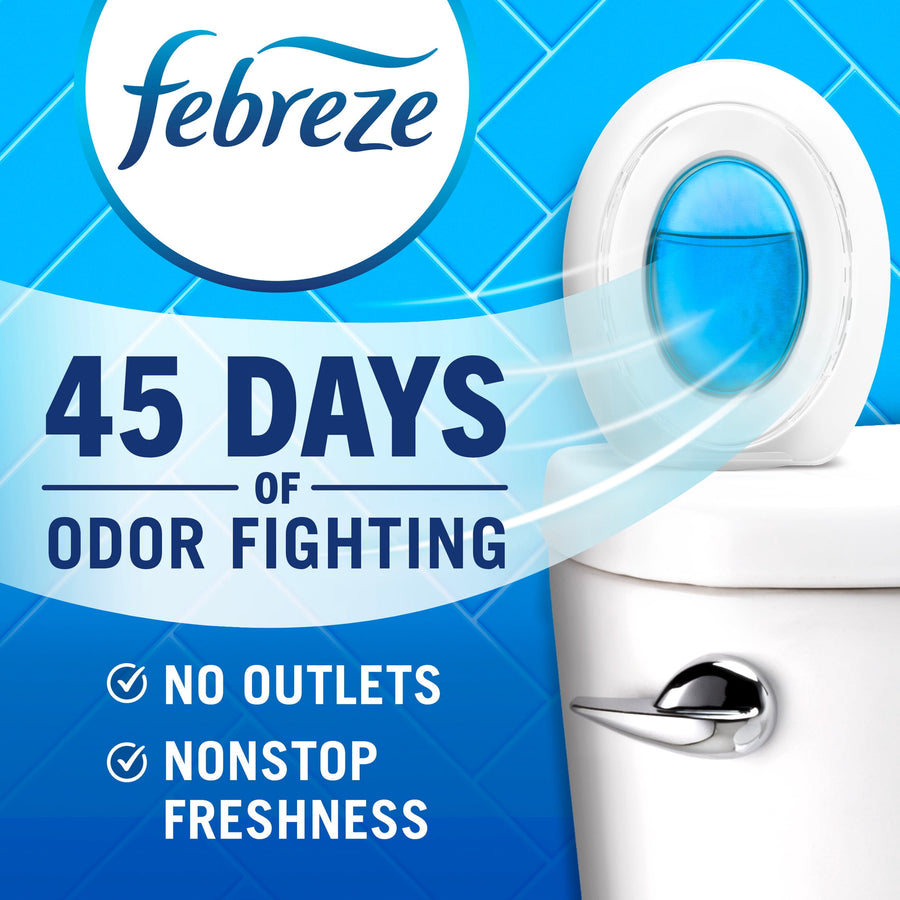 Febreze logo and a white toilet clip air freshener attached to a toilet with text reading '45 days of odor fighting' and benefits.