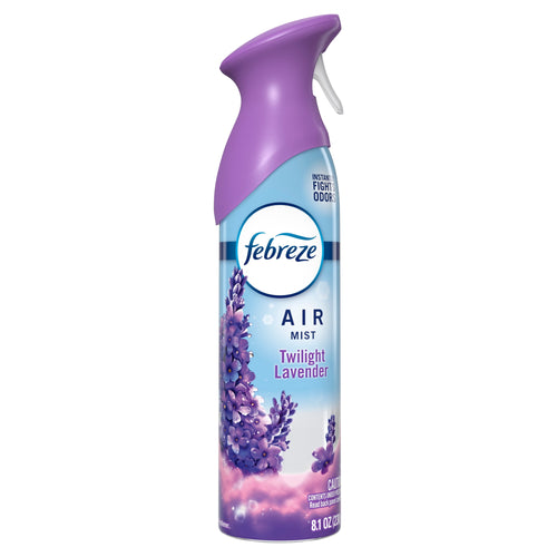 Febreze Air Mist Twilight Lavender aerosol bottle with purple trigger and lavender floral label on white background
